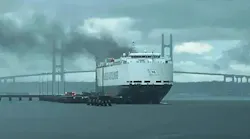 The fire aboard an auto hauler ship continued burning Sunday. The M/V H'egh Xiamen cargo ship caught fire Thursday at Blount Island, injuring nine Jacksonville, FL, firefighters