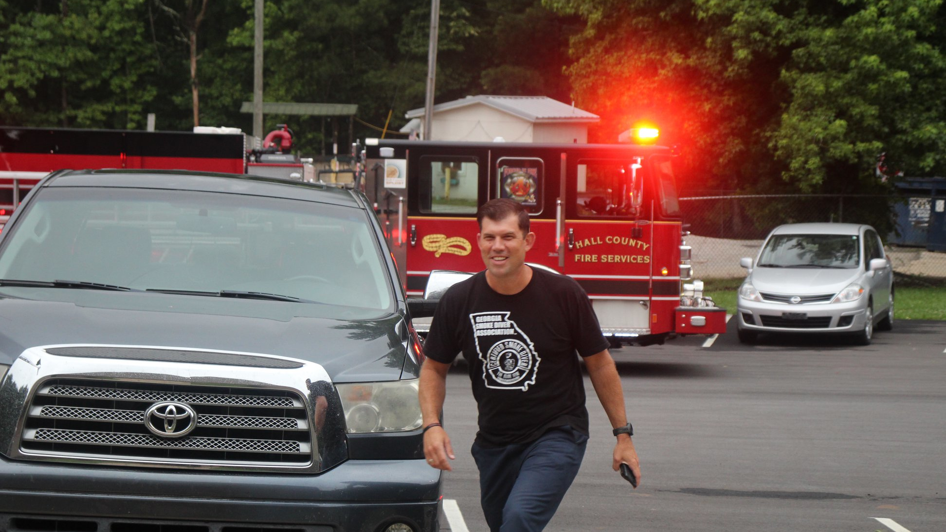 Hall County, GA, Fire Sgt. Jonathan Barton returned to work Tuesday after he suffered a cardiac arrest in physical training and conditioning with a recruit class in February.