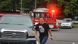Hall County, GA, Fire Sgt. Jonathan Barton returned to work Tuesday after he suffered a cardiac arrest in physical training and conditioning with a recruit class in February.