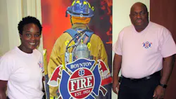Latosha Clemons, Boynton Beach, FL, Fire Rescue's first black female firefighter, and Chief Glenn Joseph.
