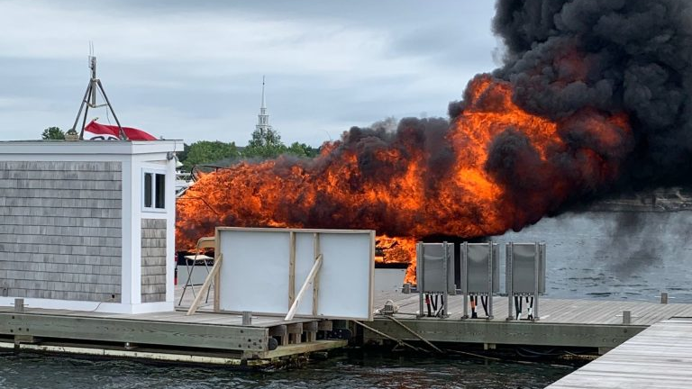 Firefighters from multiple departments stopped a boat fire spreading to the rest of Bridge Marina in Salisbury, MA, on Wednesday.