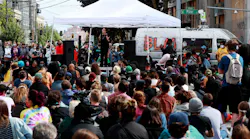 Hundreds listen to Kirsten Harris-Talley, running for State Representative in the 37th Legislative District, as she speaks at the Capitol Hill Occupied Protest (CHOP) in Seattle, WA, on June 13, 2020.