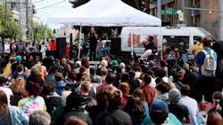 Hundreds listen to Kirsten Harris-Talley, running for State Representative in the 37th Legislative District, as she speaks at the Capitol Hill Occupied Protest (CHOP) in Seattle, WA, on June 13, 2020.