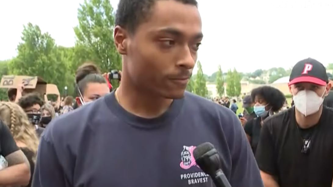 Providence, RI, firefighter Terrell Paci during an emotional interview with WPRI News about his experience with racial profiling during a Black Lives Matter protest on Friday, June 5, 2020.