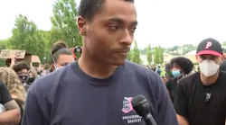Providence, RI, firefighter Terrell Paci during an emotional interview with WPRI News about his experience with racial profiling during a Black Lives Matter protest on Friday, June 5, 2020.