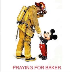 Anaheim, CA, firefighter Dave Baker, who posed for Disney&apos;s tribute to firefighters, is on a ventilator because of complications from COVID-19.