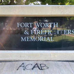 Vandals defaced the Fort Worth, TX, Police and Firefighters Memorial sometime between late Sunday and early Monday. Vandals defaced the Fort Worth, TX, Police and Firefighters Memorial sometime between late Sunday and early Monday.