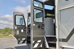 The cab includes extended and lower full-width intermediate steps and new vertical pull handles on cab doors. The cab includes extended and lower full-width intermediate steps and new vertical pull handles on cab doors.