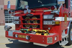 Engine company apparatus bumpers provide space for front-suction piping, attack line discharges, hosewells and recessed audible warning devices. Note the recessed front-suction hosewell on the right side the apparatus and short handrails on the cab face. Each desired component affects front axle weights and the angle of approach, which should be evaluated during the specification process. Engine company apparatus bumpers provide space for front-suction piping, attack line discharges, hosewells and recessed audible warning devices. Note the recessed front-suction hosewell on the right side the apparatus and short handrails on the cab face. Each desired component affects front axle weights and the angle of approach, which should be evaluated during the specification process.