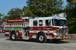 This short-wheelbase engine from Prince George’s County, MD, has an overall length of 29 feet, 4 inches and a rear hosebed height of 62 inches from the ground. Note the low-mounted ground ladders and hosetray to accommodate standpipe hoseracks. This short-wheelbase engine from Prince George’s County, MD, has an overall length of 29 feet, 4 inches and a rear hosebed height of 62 inches from the ground. Note the low-mounted ground ladders and hosetray to accommodate standpipe hoseracks.
