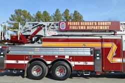 Using a combination of center stack and side-body mounting, this ladder truck is outfitted with 292 feet of ground ladders, including a three-section, 45-foot ladder along with a 28-foot, two-section and a 16-foot roof ladder for rapid deployment off the right side of the apparatus. Careful planning is required to accommodate the needed ground ladders to protect your response district. Using a combination of center stack and side-body mounting, this ladder truck is outfitted with 292 feet of ground ladders, including a three-section, 45-foot ladder along with a 28-foot, two-section and a 16-foot roof ladder for rapid deployment off the right side of the apparatus. Careful planning is required to accommodate the needed ground ladders to protect your response district.
