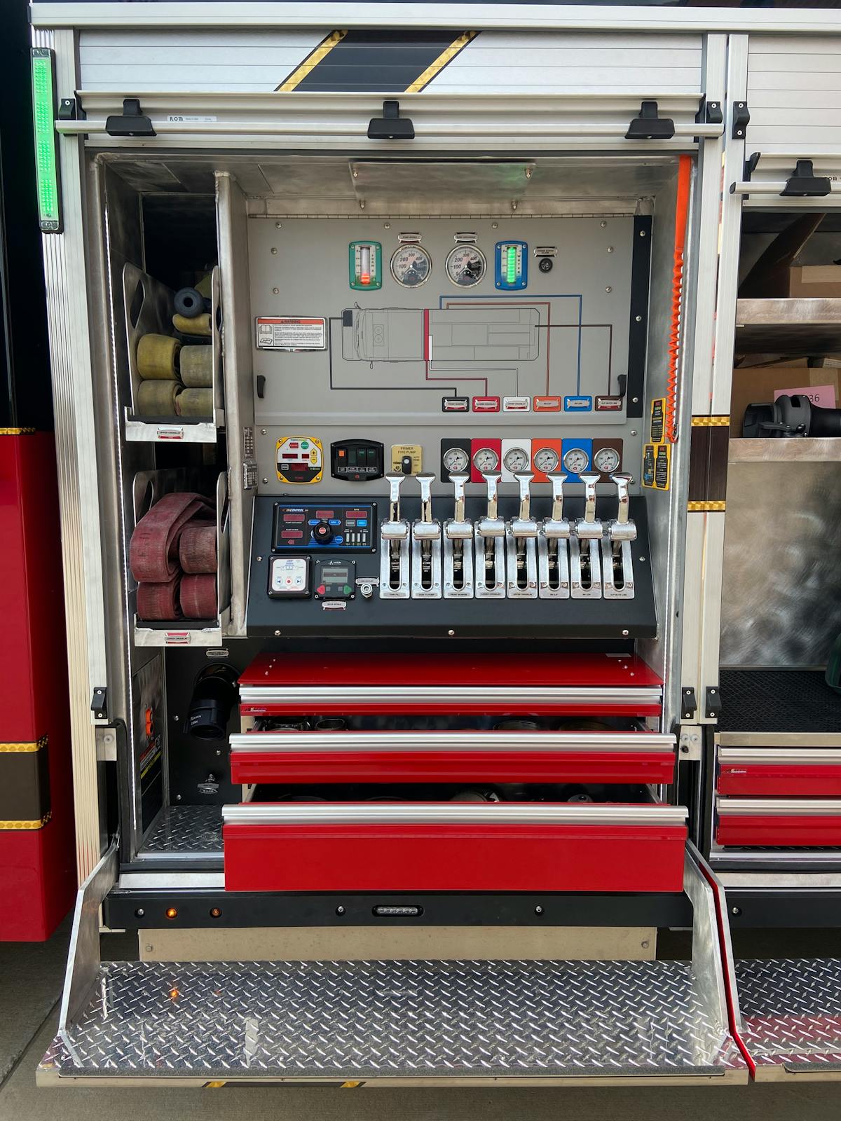 By using a consortium purchasing process, the pump panel was able to be configured nearly identical to a previously purchased apparatus. This includes discharge colors, valve handle style, and orientation of all pump operator controls.