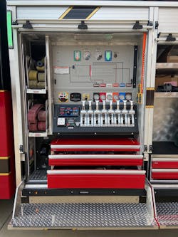 By using a consortium purchasing process, the pump panel was able to be configured nearly identical to a previously purchased apparatus. This includes discharge colors, valve handle style, and orientation of all pump operator controls. By using a consortium purchasing process, the pump panel was able to be configured nearly identical to a previously purchased apparatus. This includes discharge colors, valve handle style, and orientation of all pump operator controls.