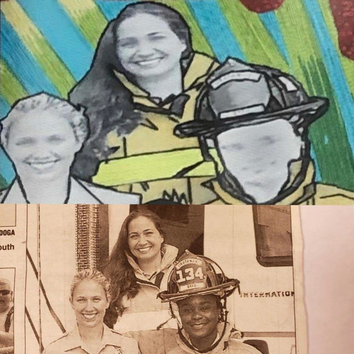 A significant difference can be seen in a memorial mural and the photo it is based on that led to the removal of the fire chief and another city official in Boynton Beach, FL, on June 6, 2020.
