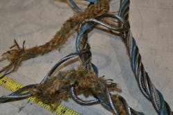 During testing in a laboratory, this new wire rope failed explosively. Not only did the strands come apart, but the fiber core of the rope frayed and is visible. The certificate of testing shows that failure for this 5/8-inch diameter EIPS fiber core wire rope occurred at 37,117 lbs. of pull. During testing in a laboratory, this new wire rope failed explosively. Not only did the strands come apart, but the fiber core of the rope frayed and is visible. The certificate of testing shows that failure for this 5/8-inch diameter EIPS fiber core wire rope occurred at 37,117 lbs. of pull.