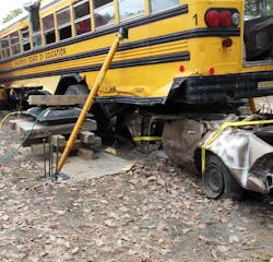 Rescuers at incidents that involve a commercial vehicle and a passenger vehicle might need to alter techniques to achieve the needed room for disentanglement. A combination of resources might be required to lift the larger of the two vehicles. Here: Air-lifting bags and struts. Rescuers at incidents that involve a commercial vehicle and a passenger vehicle might need to alter techniques to achieve the needed room for disentanglement. A combination of resources might be required to lift the larger of the two vehicles. Here: Air-lifting bags and struts.