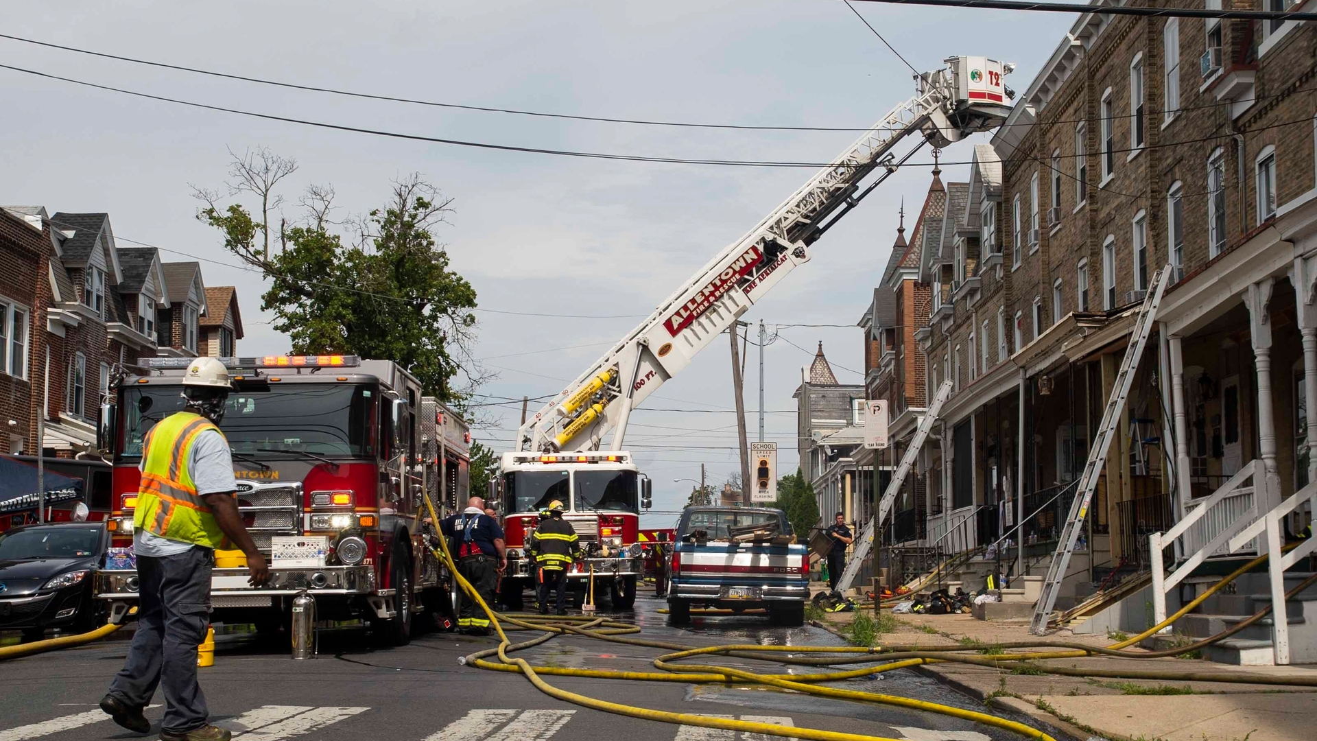 Allentown, PA, firefighters battled a three-alarm blaze along a row of apartment homes Thursday. The blaze displaced 43 people from 12 families, and there were no injuries.