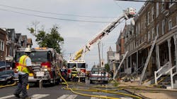Allentown, PA, firefighters battled a three-alarm blaze along a row of apartment homes Thursday. The blaze displaced 43 people from 12 families, and there were no injuries. Allentown, PA, firefighters battled a three-alarm blaze along a row of apartment homes Thursday. The blaze displaced 43 people from 12 families, and there were no injuries.