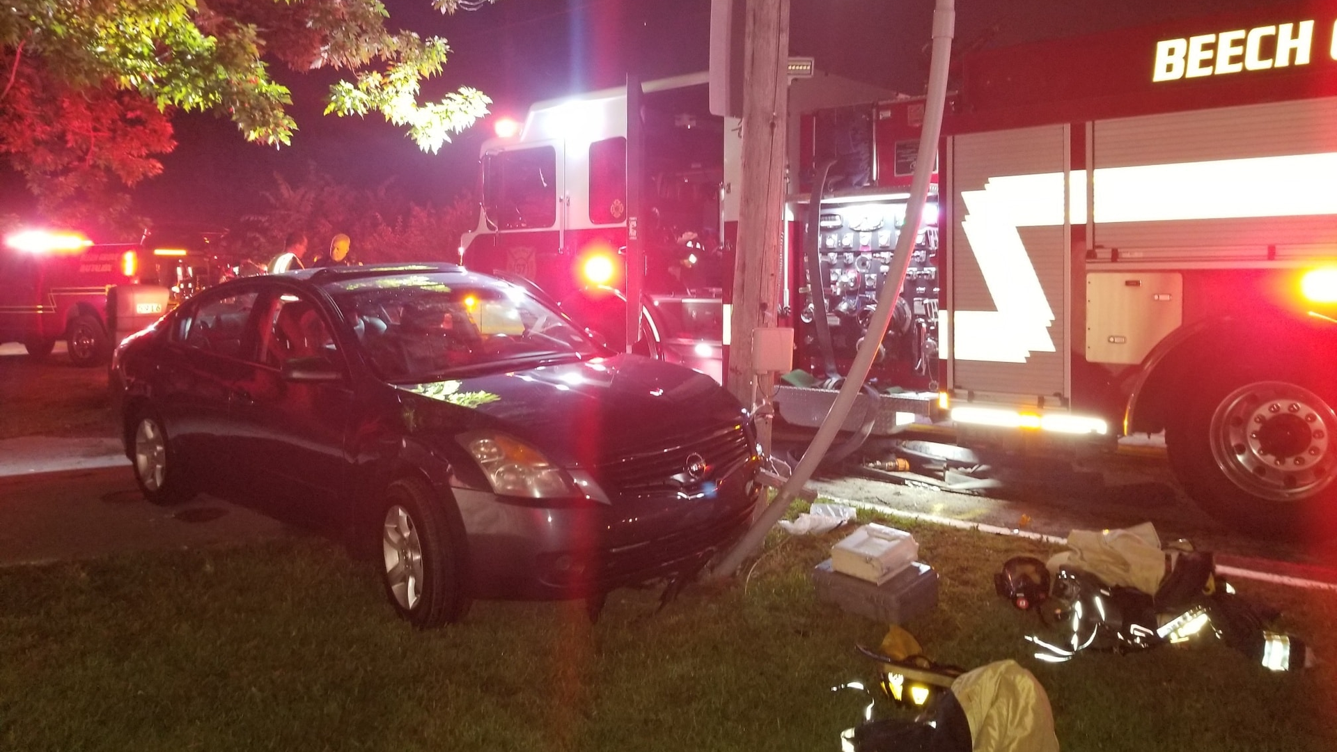 Four Beech Grove, IN, firefighters and an apparatus were struck by a suspected drunken driver Saturday.