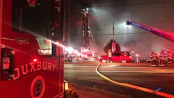 Firefighters from Hanover, MA, as well as Duxbury and other departments, battled a three-alarm blaze that broke out in an office building early Wednesday. Firefighters from Hanover, MA, as well as Duxbury and other departments, battled a three-alarm blaze that broke out in an office building early Wednesday.