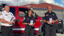 Harrisburg, OR, Fire Chief Bart Griffith (left), firefighter Aleshia DeLanoy and Capt. Matt McCarl received Medals of Honor for the rescue of a 61-year-old man during a 2019 house fire.