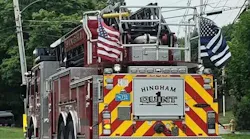 Hingham, MA, firefighters have displayed 'thin blue line' flags on department apparatus following the 2018 killing of a Weymouth police officer.
