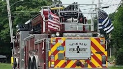 Hingham, MA, firefighters have displayed 'thin blue line' flags on department apparatus following the 2018 killing of a Weymouth police officer. Hingham, MA, firefighters have displayed 'thin blue line' flags on department apparatus following the 2018 killing of a Weymouth police officer.