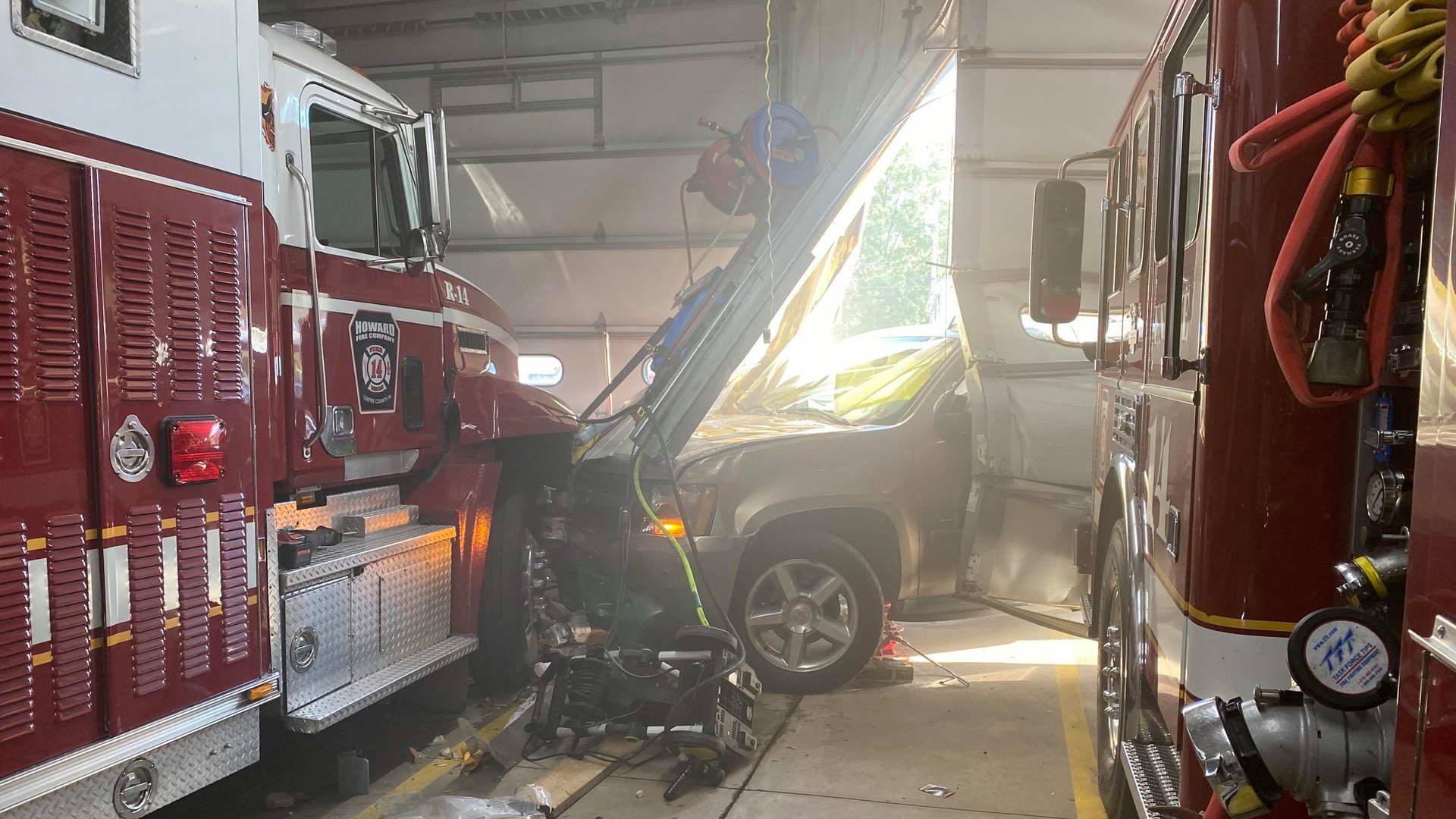 A vehicle crashed into Howard, PA, Fire Company's main station Monday, damaging the firehouse and two pieces of apparatus.