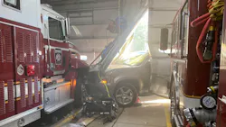 A vehicle crashed into Howard, PA, Fire Company's main station Monday, damaging the firehouse and two pieces of apparatus.