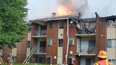 Three Baltimore County firefighters and two residents were injured during a three-alarm blaze at a Middle River apartment complex Sunday.