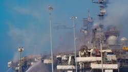 The Navy used helicopters for water drops over the fire that burned aboard Bonhomme Richard at San Diego Naval Base. The Navy used helicopters for water drops over the fire that burned aboard Bonhomme Richard at San Diego Naval Base.
