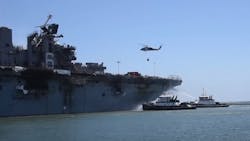 Firefighters continue battling a 'major fire' aboard the USS Bonhomme Richard on Tuesday in San Diego. Firefighters continue battling a 'major fire' aboard the USS Bonhomme Richard on Tuesday in San Diego.