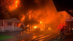 Two firefighters suffered minor injuries battling a three-alarm campground fire outside Myrtle Beach, SC, on Friday. Two firefighters suffered minor injuries battling a three-alarm campground fire outside Myrtle Beach, SC, on Friday.