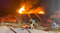 Four San Bernardino County, CA, firefighters were injured in a patio roof collapse during a house fire Sunday. Four San Bernardino County, CA, firefighters were injured in a patio roof collapse during a house fire Sunday.
