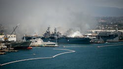 Fire rages aboard the USS Bonhomme Richard on Sunday, July 12, 2020, at Naval Base San Diego. Fire rages aboard the USS Bonhomme Richard on Sunday, July 12, 2020, at Naval Base San Diego.