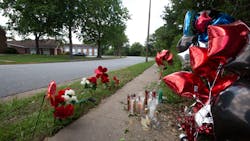A makeshift memorial on Atlantis Drive in Virginia Beach for a victim of a motorcycle accident, is seen July 1. A man riding a motorcycle June 29 apparently lost control and crashed into the tree, police said in a news release.