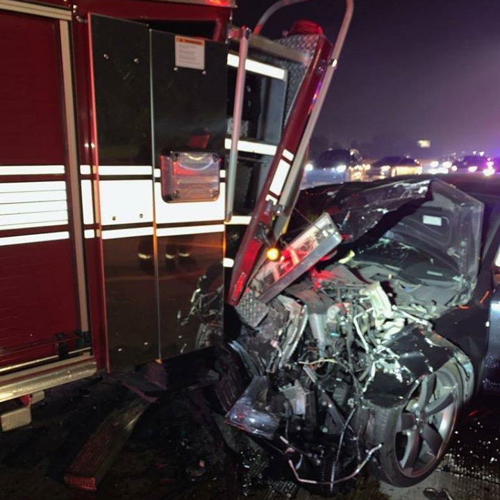 An Allen Park, MI, aerial used as a blocker at the scene of an interstate car fire suffered 'major damage' when it was rear-ended by two vehicles early Saturday.