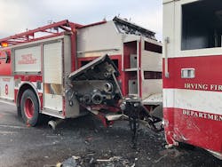 In July 2015, Irving Ladder 52 was called to block traffic on a busy interstate where police were conducting an investigation. It was hit by an 18-wheeler and caught fire. In July 2015, Irving Ladder 52 was called to block traffic on a busy interstate where police were conducting an investigation. It was hit by an 18-wheeler and caught fire.