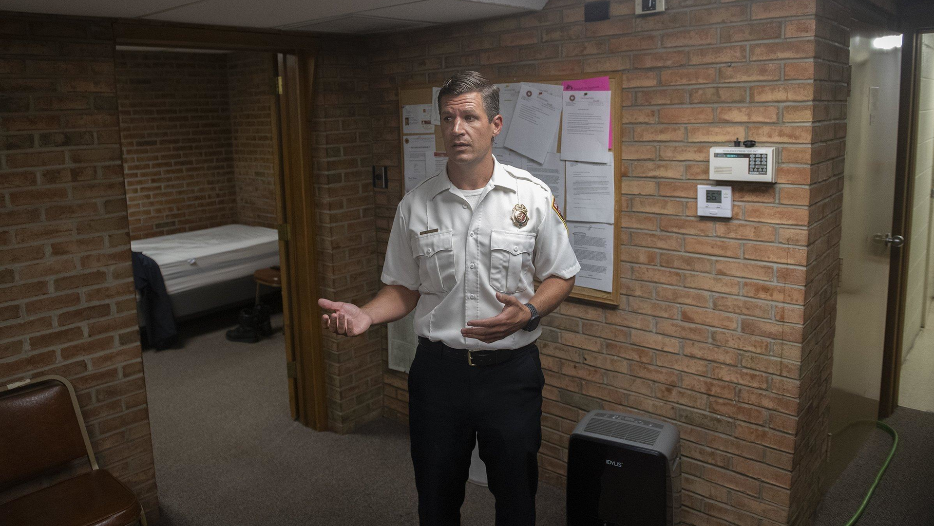 Brimfield Township, OH, Fire Chief Craig Mullaly explains why an update is needed while standing in the firefighter living quarters of the current station.