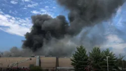 Firefighters from eight departments battled a blaze that broke out at a Hillsborough, NJ, warehouse Monday.
