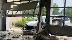 A 92-year-old driver was injured following a two-vehicle crash that damaged a Manhattan, KS, fire station Tuesday. A 92-year-old driver was injured following a two-vehicle crash that damaged a Manhattan, KS, fire station Tuesday.