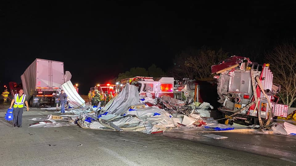 A tractor-trailer crashed into three Miller's Ferry, NC, fire apparatus at the scene of a previous accident along Interstate 85 in Rowan County early Tuesday.