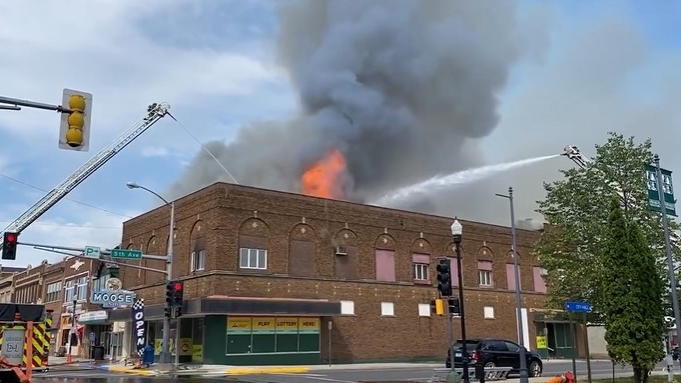 Firefighters from at least a dozen departments battled a large blaze at the Moose Events Center in Hibbing, MN, for seven hours Tuesday.