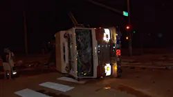 A Peoria, IL, fire apparatus was spun 180 degrees and flipped on its side after the vehicle was struck by a suspected drunken driver early Friday.