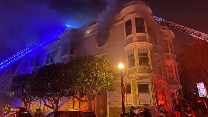 A San Francisco firefighter was injured during a two-alarm apartment building blaze in the city's Hayes Valley neighborhood early Sunday.