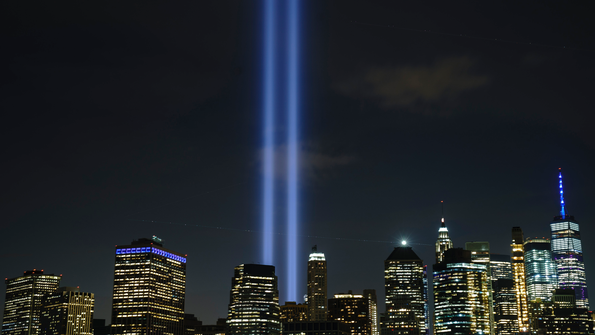 The 'Tribute in Light' rises skyward on the 18th anniversary of the 9/11 terrorist attacks in New York City.