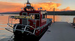 Lake Assault Boats has placed Fireboat 96 into service with the San Bernardino County, CA, Fire District. The 28-foot long vessel serves on Big Bear Lake, and is similar to one stationed on the Colorado River. The massive Apple Fire is seen on the horizon.