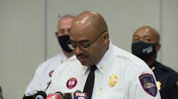 Southfield, MI, Fire Chief Johnny Menifee struggles to contain his emotions as he speaks during a press conference on Aug. 27, 2020. Southfield, MI, Fire Chief Johnny Menifee struggles to contain his emotions as he speaks during a press conference on Aug. 27, 2020.
