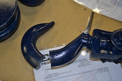 The large 4.5-inch hook was the failure point for this 8,000-lb.-rated snatch block during destructive load testing in a laboratory setting. Failure occurred just beyond 38,700 lbs. The large 4.5-inch hook was the failure point for this 8,000-lb.-rated snatch block during destructive load testing in a laboratory setting. Failure occurred just beyond 38,700 lbs.