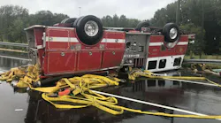Three China Grove, NC, firefighters suffered minor injuries when their apparatus rolled over on the way to a call Friday.